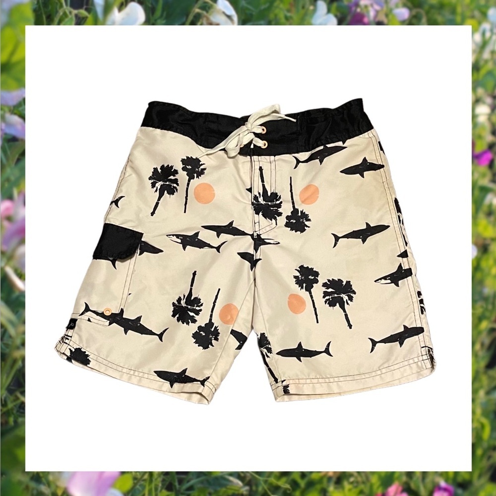 Art Class Boys Swim Trunks Size 8 Cream & Black Shark Print